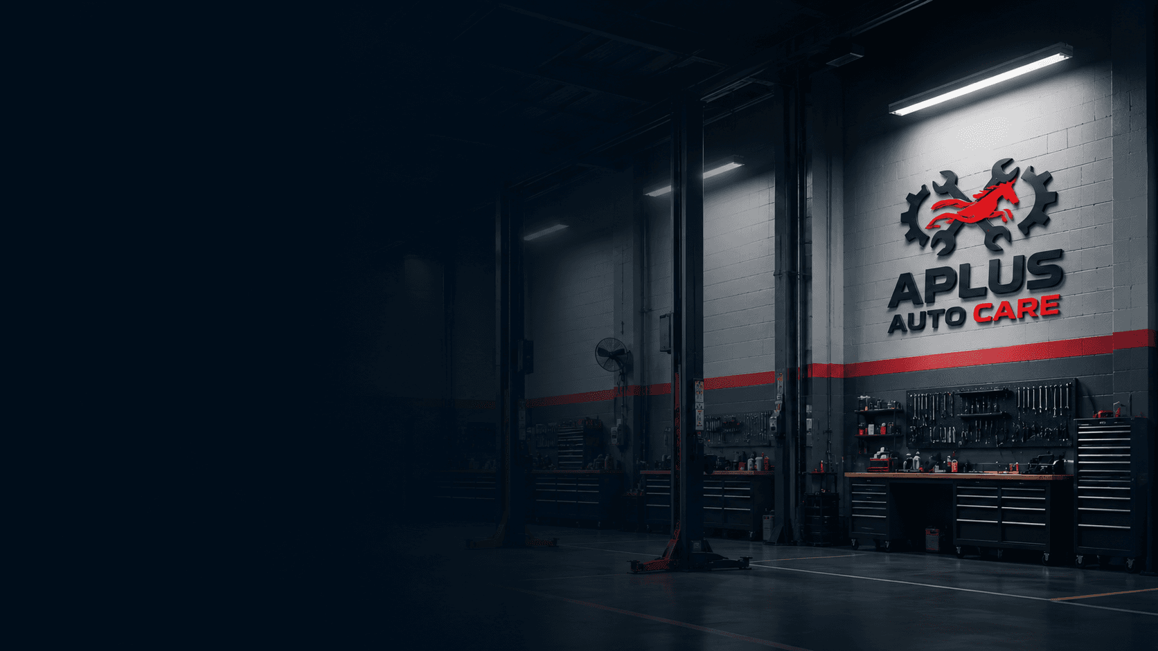 Inside the A Plus Auto Care workshop, with vehicle hoists and service bays
