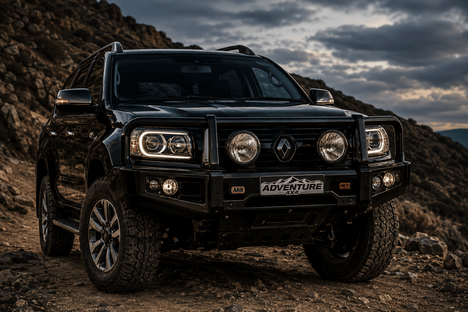 Black four-wheel drive fitted with a bull bar and all-terrain tyres, parked on rocky ground