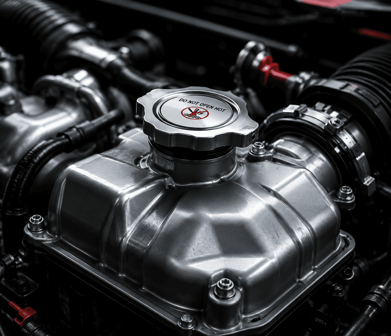 Radiator cap on a vehicle's coolant tank, surrounded by cooling hoses in the engine bay