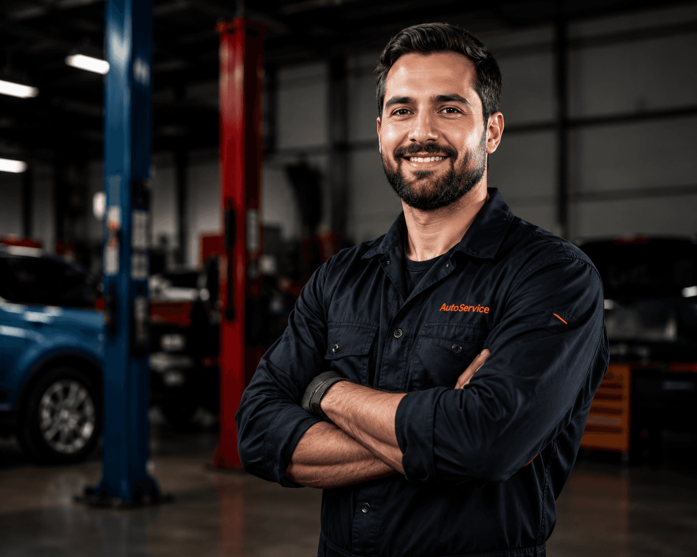 Smiling technician standing with arms folded in the workshop