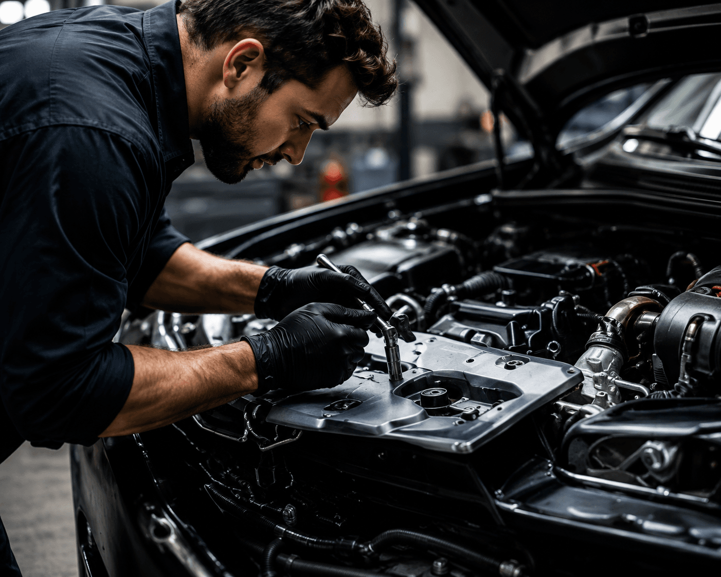 Technician leaning into an engine bay with a ratchet, inspecting a vehicle before purchase