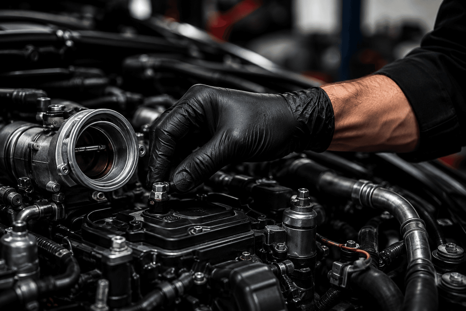Gloved technician working on an engine's intake and throttle body in the workshop