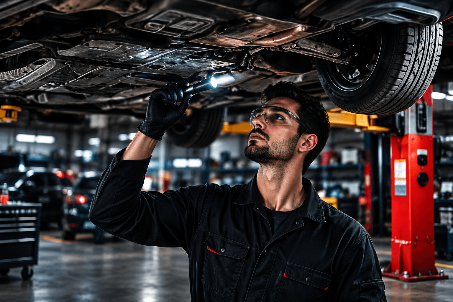 Technician inspecting the underbody of a raised vehicle with a torch during a roadworthy inspection