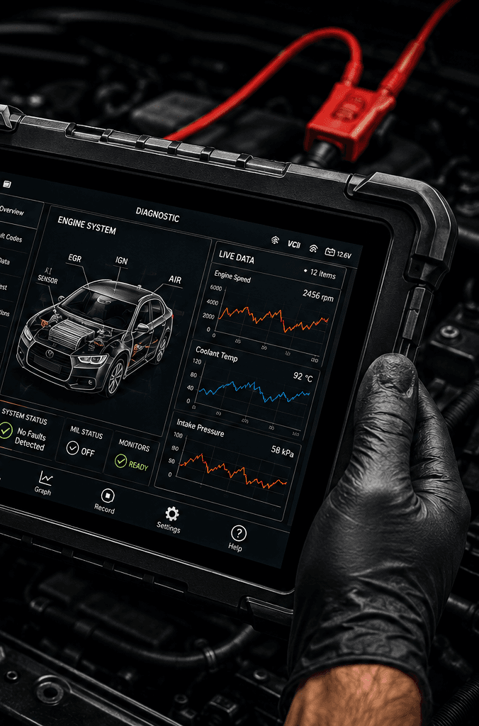 Diagnostic scan tool showing live engine data on a tablet