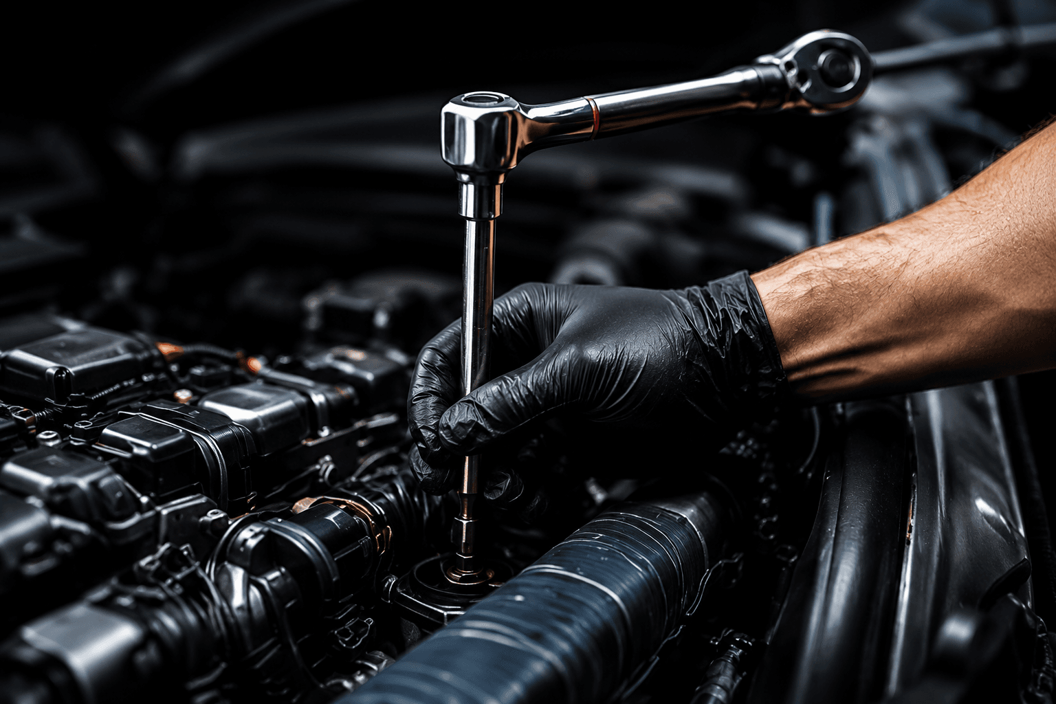 Technician using a socket wrench in an engine bay during a routine service