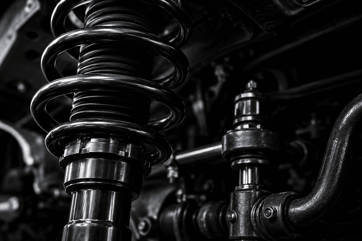 Suspension control arm and steering joint seen from beneath a raised vehicle