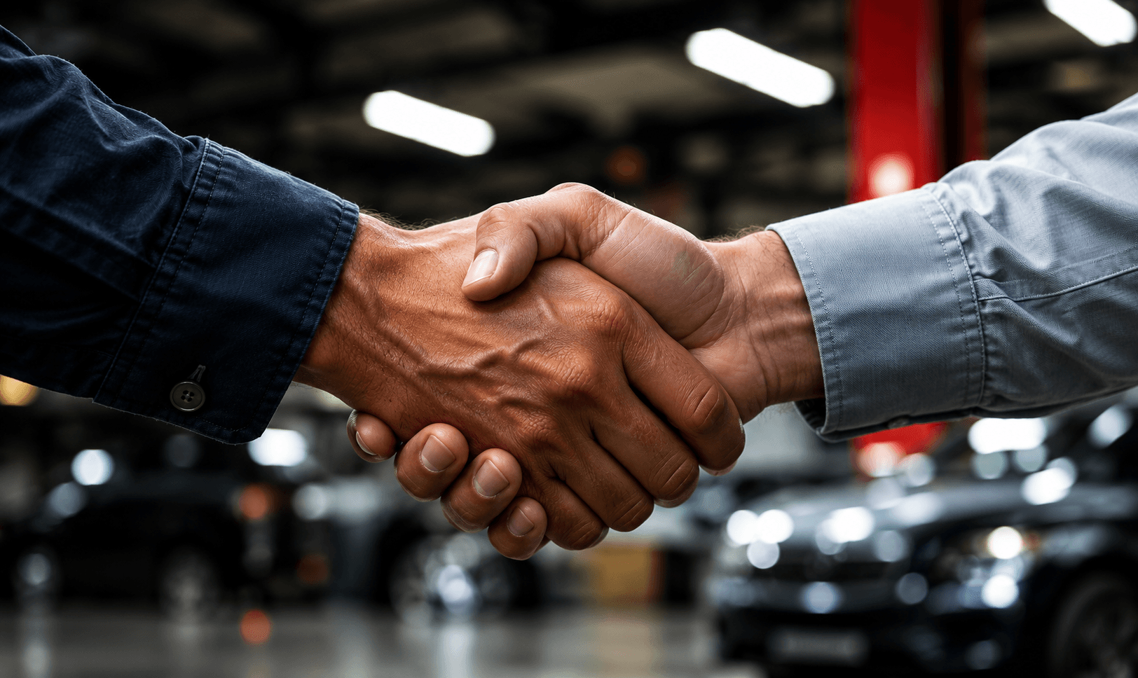Two people shaking hands in a workshop with vehicles in the background