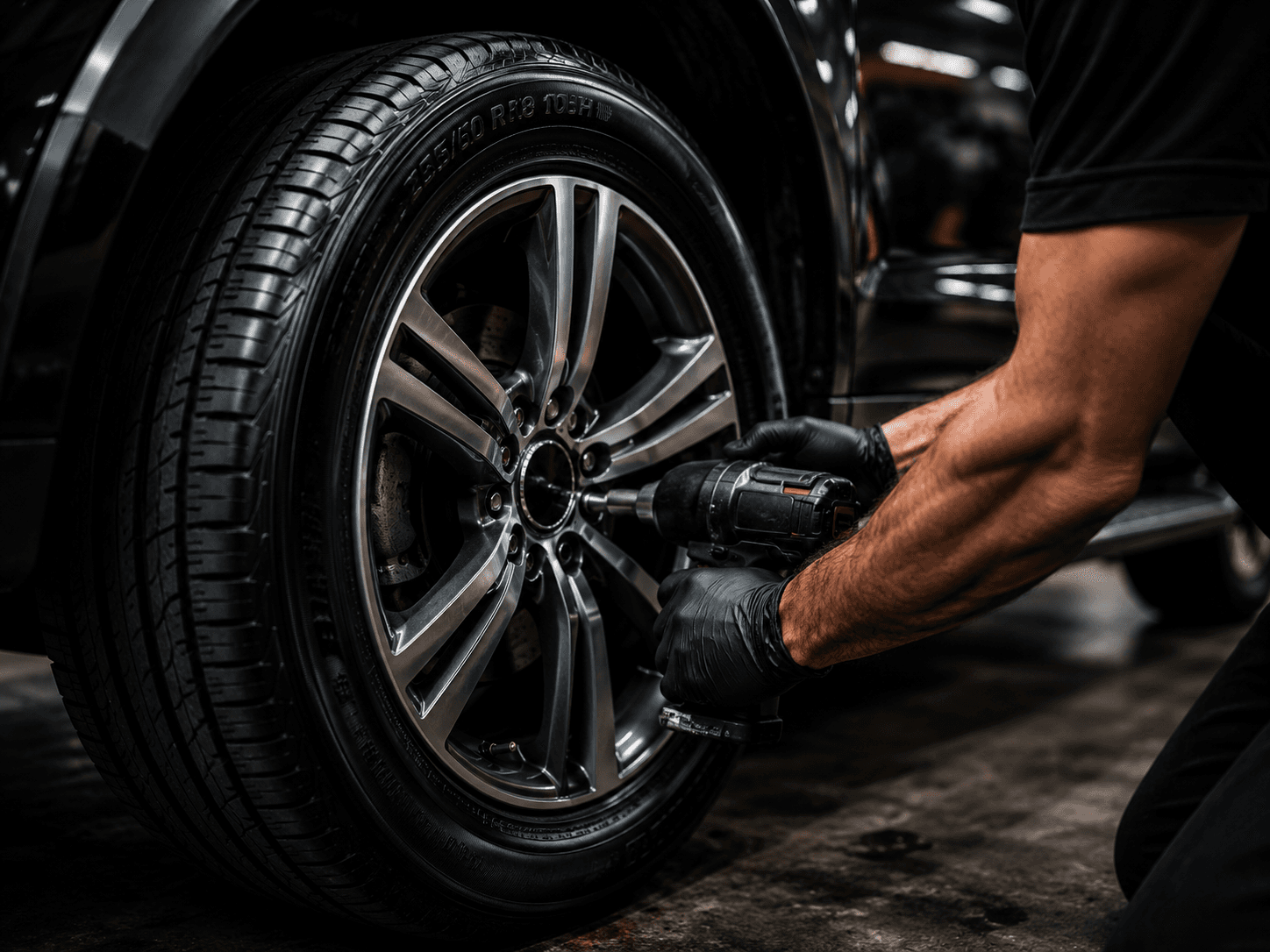 Technician using an impact wrench on the alloy wheel of a vehicle during a tyre change